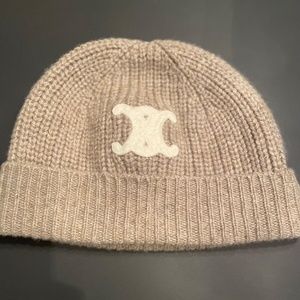 Celine Triomphe Embroidered Beanie In Seamless Cashmere - Sand